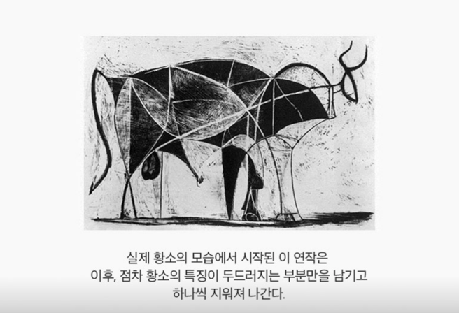 실제 황소의 모습에서 시작된 이 연작은 이후, 점차 황소의 특징이 두드러지는 부분만을 남기고 하나씩 지워져 나간다.