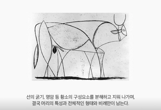 선의 굵기, 명암 등 황소의 구성요소를 분해하고 지워나가며, 결국 머리의 특성과 전체적인 형태와 비례만이 남는다.